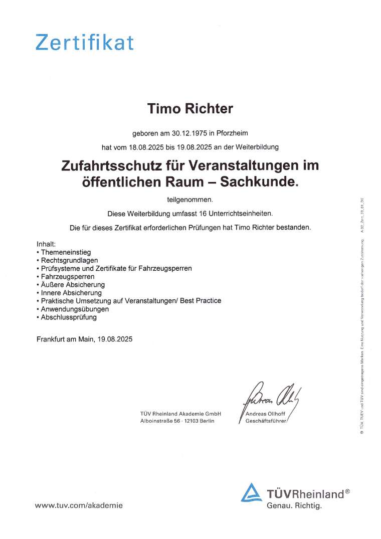 Zertifikat Zufahrt TÜV